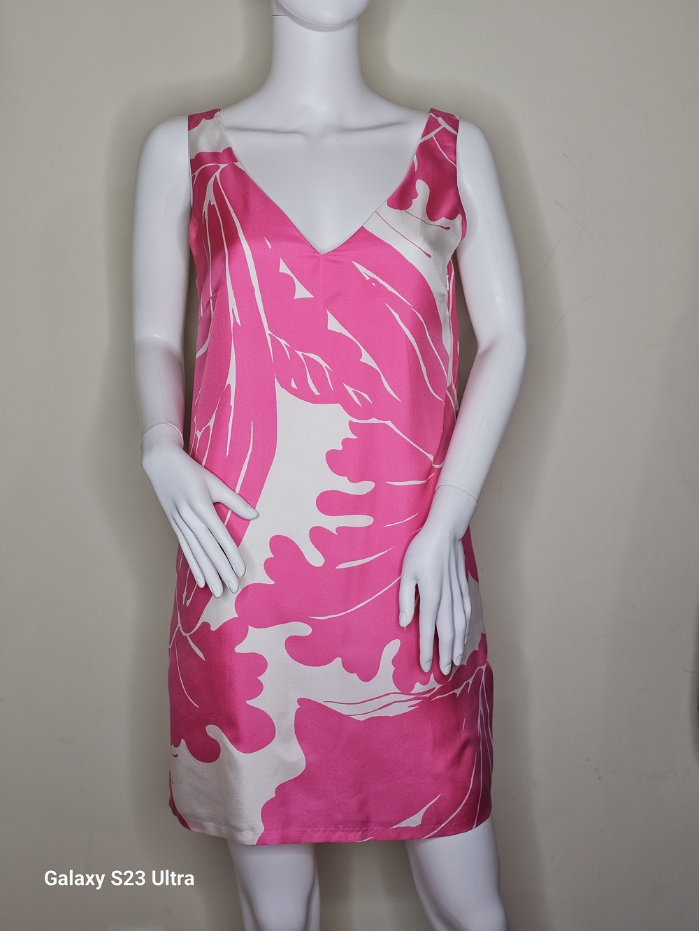 Tibi Hot Pink & Cream V-Neck 100% Silk Dress